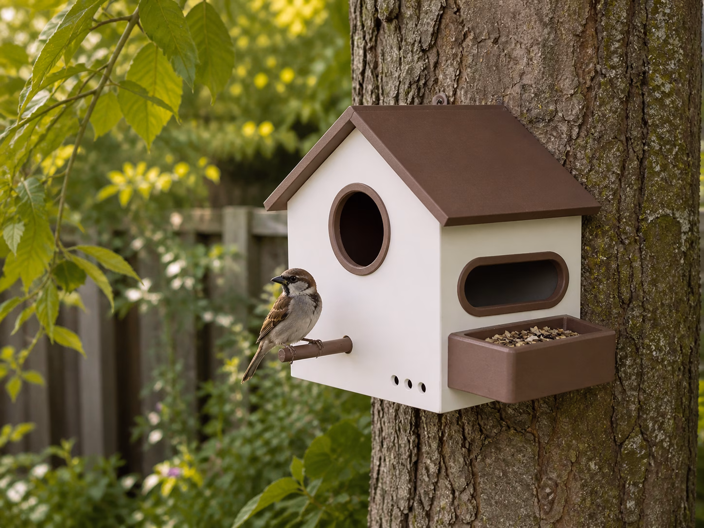 Vogelhaus mit Futterstelle | Nistkasten für kleine Gartenvögel