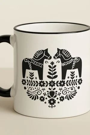 Dalahäst Tasse mit zwei Pferden im folkloristischen Schwarz-Weiß-Design – Keramiktasse 330 ml, spülmaschinen- und mikrowellengeeignet