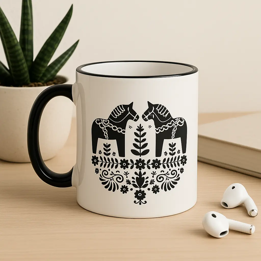 Dalahäst Tasse mit zwei Pferden im folkloristischen Schwarz-Weiß-Design – Keramiktasse 330 ml, spülmaschinen- und mikrowellengeeignet
