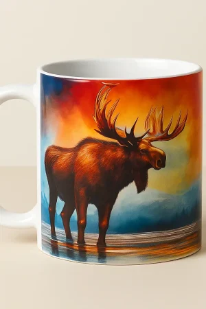 Rückseite der Elch Tasse mit Spruch It Moose be Love, vollflächig bedruckt