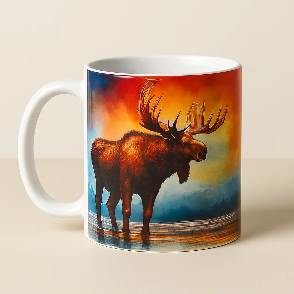 Rückseite der Elch Tasse mit Spruch It Moose be Love, vollflächig bedruckt