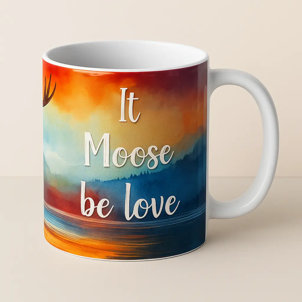 Rückseite der Elch Tasse mit Spruch It Moose be Love, vollflächig bedruckt