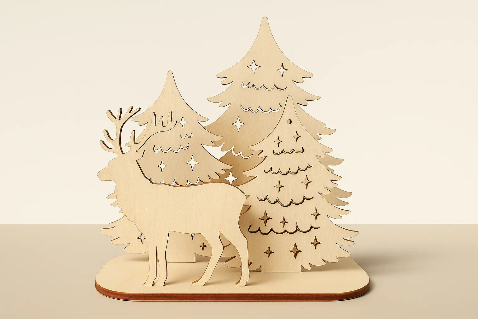 Weihnachtsdeko Rentier mit Tannenbäumen – Vorderansicht