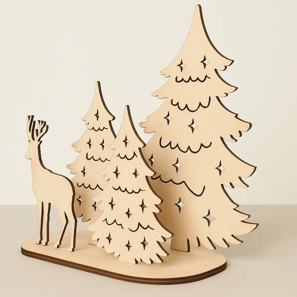 Weihnachtsdeko Rentier mit Tannenbäumen – Seitenansicht